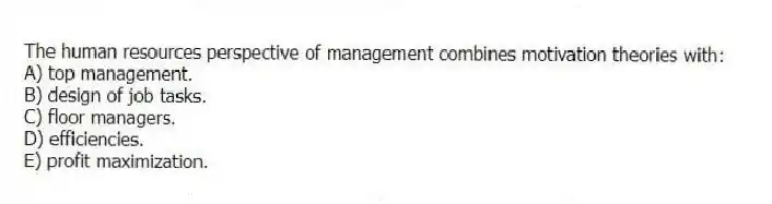 The human resources perspective of management combines motivation theories with:
A) top management.
B) design of job tasks.
C) floor managers.
D) efficiencies.
E) profit maximization.