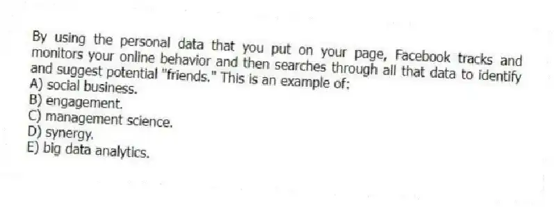 By using the personal data that you put on your page, Facebook tracks and monitors your online behavior and then searches through all that data to identify and suggest potential "friends." This is an example of:
A) social business.
B) engagement.
C) management science.
D) synergy.
E) big data analytics.