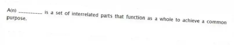 A(n) __________ is a set of interrelated parts that function as a whole to achieve a common purpose.