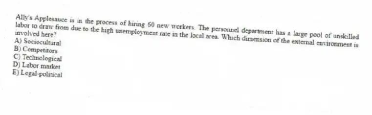 Ally's Applesauce is in the process of hiring 60 new workers. The personnel department has a large pool of unskilled labor to draw from due to the high unemployment rate in the local area. Which dimension of the external environment is involved here?
A) Sociocultural
B) Competitors
C) Technological
D) Labor market
E) Legal-political