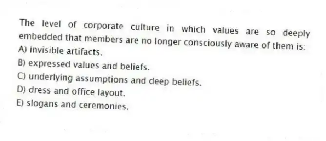 The level of corporate culture in which values are so deeply embedded that members are no longer consciously aware of them is:
A) invisible artifacts.
B) expressed values and beliefs.
C) underlying assumptions and deep beliefs.
D) dress and office layout.
E) slogans and ceremonies.