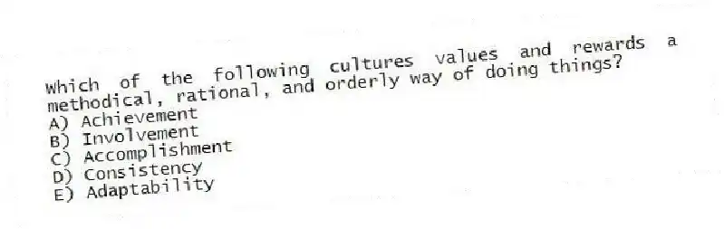 Which of the following cultures values and rewards a methodical, rational, and orderly way of doing things?
A) Achievement
B) Involvement
C) Accomplishment
D) Consistency
E) Adaptability