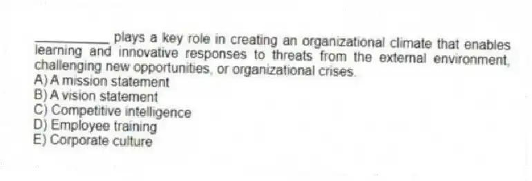 __________ plays a key role in creating an organizational climate that enables learning and innovative responses to threats from the external environment, challenging new opportunities, or organizational crises.
A) A mission statement
B) A vision statement
C) Competitive intelligence
D) Employee training
E) Corporate culture