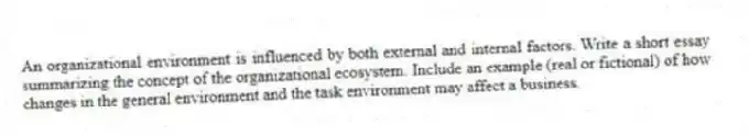An organizational environment is influenced by both external and internal factors. Write a short essay summarizing the concept of the organizational ecosystem. Include an example (real or fictional) of how changes in the general environment and the task environment may affect a business.