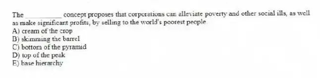 The __________ concept proposes that corporations can alleviate poverty and other social ills, as well as make significant profits, by selling to the world's poorest people.
A) cream of the crop
B) skimming the barrel
C) bottom of the pyramid
D) top of the peak
E) base hierarchy