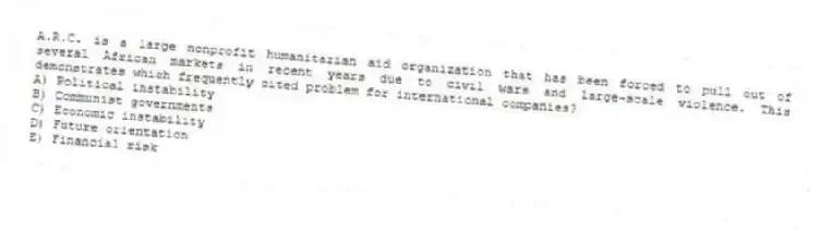 A.R.C. is a large nonprofit humanitarian aid organization that has been forced to pull out of several African markets in recent years due to civil wars and large-scale violence. This demonstrates which frequently cited problem for international companies?
A) Political instability
B) Communist governments
C) Economic instability
D) Future orientation
E) Financial risk