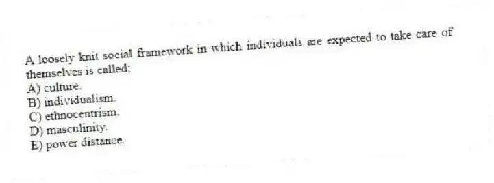 A loosely knit social framework in which individuals are expected to take care of themselves is called:
A) culture.
B) individualism.
C) ethnocentrism.
D) masculinity.
E) power distance.