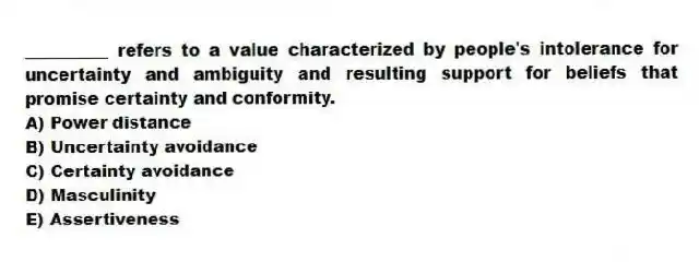 __________ refers to a value characterized by people's intolerance for uncertainty and ambiguity and resulting support for beliefs that promise certainty and conformity.
A) Power distance
B) Uncertainty avoidance
C) Certainty avoidance
D) Masculinity
E) Assertiveness