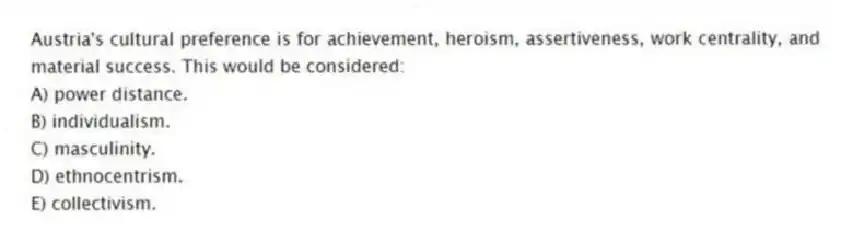 Austria's cultural preference is for achievement, heroism, assertiveness, work centrality, and material success. This would be considered:
A) power distance.
B) individualism.
C) masculinity.
D) ethnocentrism.
E) collectivism.