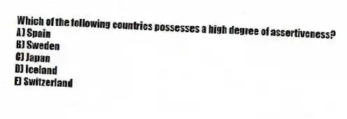 Which of the following countries possesses a high degree of assertiveness?
A) Spain
B) Sweden
C) Japan
D) Iceland
E) Switzerland