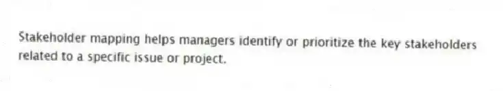 Stakeholder mapping helps managers identify or prioritize the key stakeholders related to a specific issue or project.