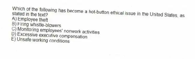 Which of the following has become a hot-button ethical issue in the United States, as stated in the text?
A) Employee theft
B) Firing whistle-blowers
C) Monitoring employees' nonwork activities
D) Excessive executive compensation
E) Unsafe working conditions
