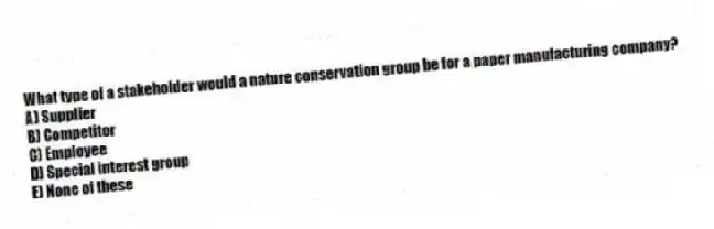 What type of a stakeholder would a nature conservation group be for a paper manufacturing company?
A) Supplier
B) Competitor
C) Employee
D) Special interest group
E) None of these