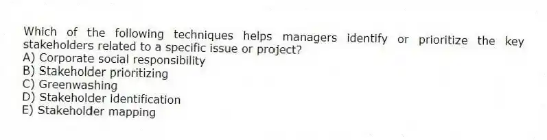 Which of the following techniques helps managers identify or prioritize the key stakeholders related to a specific issue or project?
A) Corporate social responsibility
B) Stakeholder prioritizing
C) Greenwashing
D) Stakeholder identification
E) Stakeholder mapping