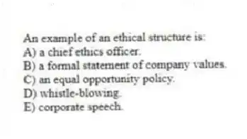 An example of an ethical structure is:
A) a chief ethics officer.
B) a formal statement of company values.
C) an equal opportunity policy.
D) whistle-blowing.
E) corporate speech.