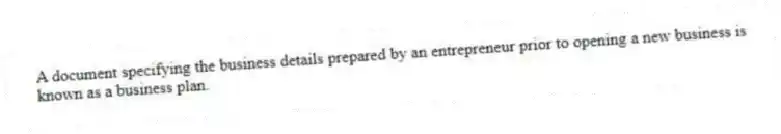 A document specifying the business details prepared by an entrepreneur prior to opening a new business is known as a business plan.