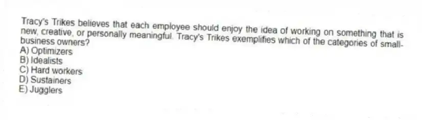 Tracy's Trikes believes that each employee should enjoy the idea of working on something that is new, creative, or personally meaningful. Tracy's Trikes exemplifies which of the categories of small-business owners?
A) Optimizers
B) Idealists
C) Hard workers
D) Sustainers
E) Jugglers
