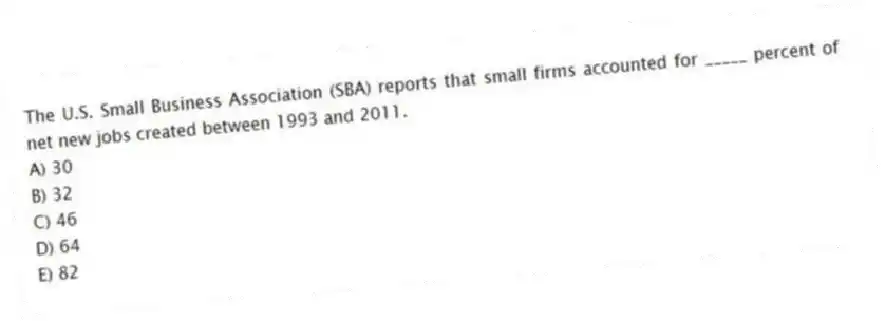 The U.S. Small Business Association (SBA) reports that small firms accounted for _____ percent of net new jobs created between 1993 and 2011.
A) 30
B) 32
C) 46
D) 64
E) 82