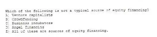 Which of the following is not a typical source of equity financing?
A) Venture capitalists
B) Crowdfunding
C) Business incubators
D) Angel financing
E) All of these are sources of equity financing.