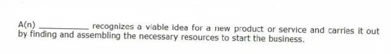 A(n) __________ recognizes a viable idea for a new product or service and carries it out by finding and assembling the necessary resources to start the business.
