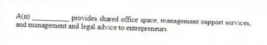 A(n) __________ provides shared office space, management support services, and management and legal advice to entrepreneurs.