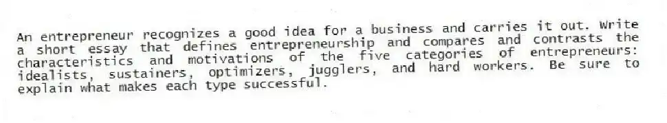 An entrepreneur recognizes a good idea for a business and carries it out. Write a short essay that defines entrepreneurship and compares and contrasts the characteristics and motivations of the five categories of entrepreneurs: idealists, sustainers, optimizers, jugglers, and hard workers. Be sure to explain what makes each type successful.
