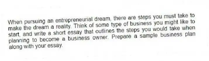 When pursuing an entrepreneurial dream, there are steps you must take to make the dream a reality. Think of some type of business you might like to start, and write a short essay that outlines the steps you would take when planning to become a business owner. Prepare a sample business plan along with your essay.