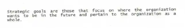 Strategic goals are those that focus on where the organization wants to be in the future and pertain to the organization as a whole.