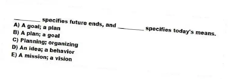__________ specifies future ends, and __________ specifies today's means.
A) A goal; a plan
B) A plan; a goal
C) Planning; organizing
D) An idea; a behavior
E) A mission; a vision