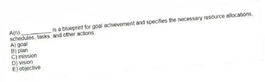 A(n) __________ is a blueprint for goal achievement and specifies the necessary resource allocations, schedules, tasks, and other actions.
A) goal
B) plan
C) mission
D) vision
E) objective