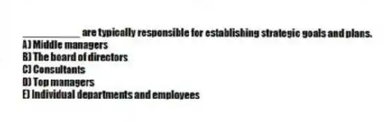 __________ are typically responsible for establishing strategic goals and plans.
A) Middle managers
B) The board of directors
C) Consultants
D) Top managers
E) Individual departments and employees