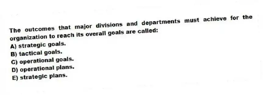The outcomes that major divisions and departments must achieve for the organization to reach its overall goals are called:
A) strategic goals.
B) tactical goals.
C) operational goals.
D) operational plans.
E) strategic plans.