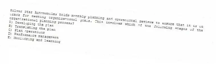 Silver Star Automobiles holds monthly planning and operational reviews to ensure that it is on track for meeting organizational goals. This involves which of the following stages of the organizational planning process?
A) Developing the plan
B) Translating the plan
C) Plan operations
D) Performance management
E) Monitoring and learning