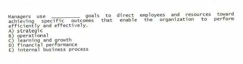 Managers use __________ goals to direct employees and resources toward achieving specific outcomes that enable the organization to perform efficiently and effectively.
A) strategic
B) operational
C) learning and growth
D) financial performance
E) internal business process