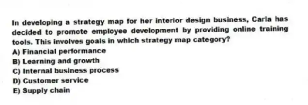 In developing a strategy map for her interior design business, Carla has decided to promote employee development by providing online training tools. This involves goals in which strategy map category?
A) Financial performance
B) Learning and growth
C) Internal business process
D) Customer service
E) Supply chain