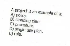 A project is an example of a:
A) policy.
B) standing plan.
C) procedure.
D) single-use plan.
E) rule.
