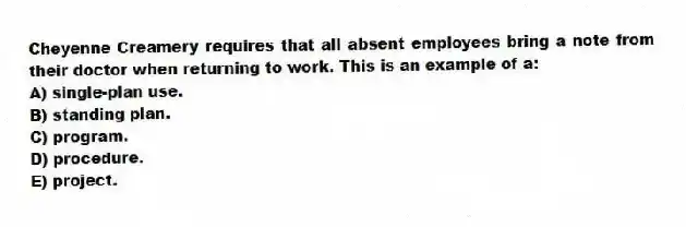 Cheyenne Creamery requires that all absent employees bring a note from their doctor when returning to work. This is an example of a:
A) single-plan use.
B) standing plan.
C) program.
D) procedure.
E) project.