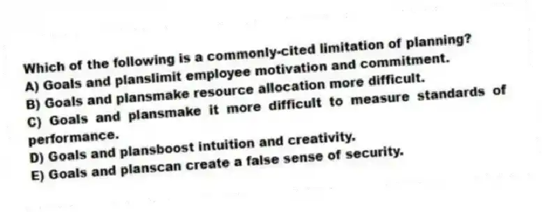 Which of the following is a commonly-cited limitation of planning?
A) Goals and planslimit employee motivation and commitment.
B) Goals and plansmake resource allocation more difficult.
C) Goals and plansmake it more difficult to measure standards of performance.
D) Goals and plansboost intuition and creativity.
E) Goals and planscan create a false sense of security.