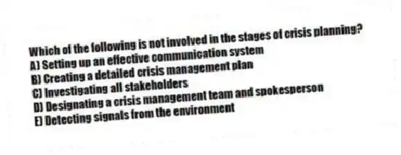 Which of the following is not involved in the stages of crisis planning?
A) Setting up an effective communication system
B) Creating a detailed crisis management plan
C) Investigating all stakeholders
D) Designating a crisis management team and spokesperson
E) Detecting signals from the environment