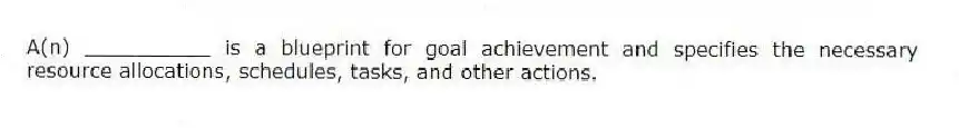 A(n) __________ is a blueprint for goal achievement and specifies the necessary resource allocations, schedules, tasks, and other actions.