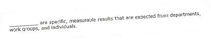 __________ are specific, measurable results that are expected from departments, work groups, and individuals.