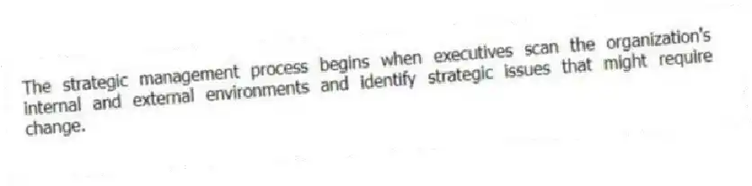 The strategic management process begins when executives scan the organization's internal and external environments and identify strategic issues that might require change.