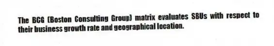 The BCG (Boston Consulting Group) matrix evaluates SBUs with respect to their business growth rate and geographical location.