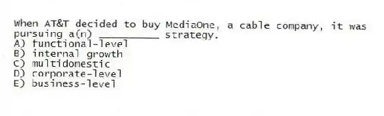When AT&T decided to buy MediaOne, a cable company, it was pursuing a(n) __________ strategy.
A) functional-level
B) internal growth
C) multidomestic
D) corporate-level
E) business-level