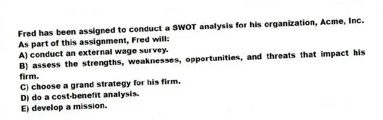 Fred has been assigned to conduct a SWOT analysis for his organization, Acme, Inc. As part of this assignment, Fred will:
A) conduct an external wage survey.
B) assess the strengths, weaknesses, opportunities, and threats that impact his firm.
C) choose a grand strategy for his firm.
D) do a cost-benefit analysis.
E) develop a mission.