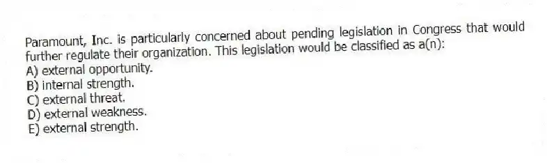 Paramount, Inc. is particularly concerned about pending legislation in Congress that would further regulate their organization. This legislation would be classified as a(n):
A) external opportunity.
B) internal strength.
C) external threat.
D) external weakness.
E) external strength.