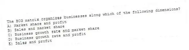 The BCG matrix organizes businesses along which of the following dimensions?
A) Market share and profit
B) Sales and market share
C) Business growth rate and market share
D) Business growth rate and profit
E) Sales and profit