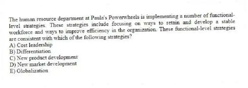 The human resource department at Paula's Powerwheels is implementing a number of functional-level strategies. These strategies include focusing on ways to retain and develop a stable workforce and ways to improve efficiency in the organization. These functional-level strategies are consistent with which of the following strategies?
A) Cost leadership
B) Differentiation
C) New product development
D) New market development
E) Globalization