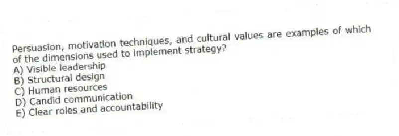Persuasion, motivation techniques, and cultural values are examples of which of the dimensions used to implement strategy?
A) Visible leadership
B) Structural design
C) Human resources
D) Candid communication
E) Clear roles and accountability