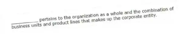 __________ pertains to the organization as a whole and the combination of business units and product lines that makes up the corporate entity.